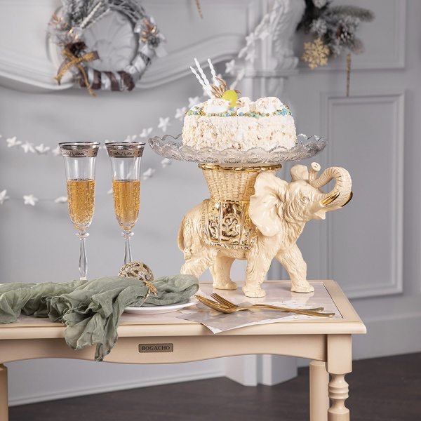 Фруктовница Слон Джайпурарт Айвори со стеклянной чашей Фруктовница Слон Джайпурарт Айвори со стеклянной чашей