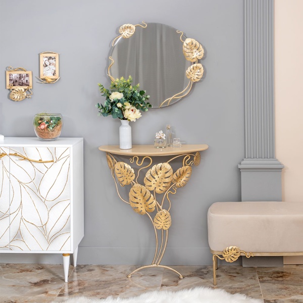 Консоль Monstera Deliciosa Wood (Монстера) Айвори Мраморное золото