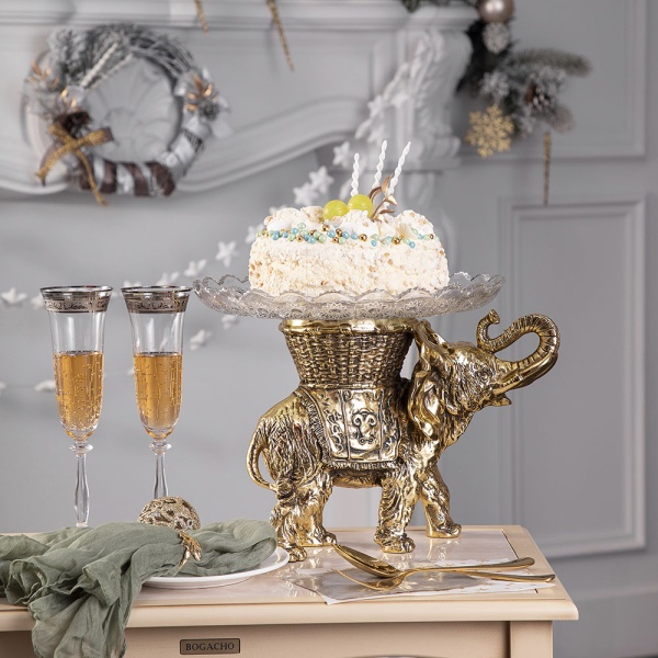 Фруктовница Слон Джайпурарт Бронза со стеклянной чашей